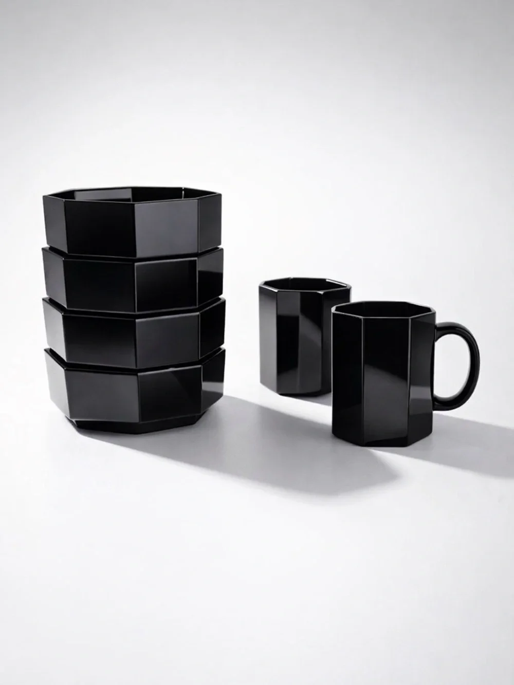 VINTAGE FRENCH 1980’s ARCOROC OCTIME BLACK GLASS OCTAGON BOWLS (4) MUGS (2) DECO